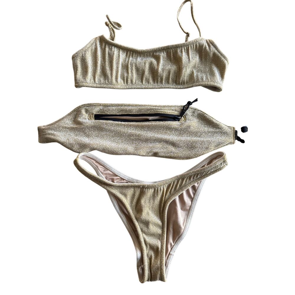 TRIANGL Gold Glitter Sparkle Bikini Set 2 Piece Bandeau Top Cheeky Bottom Size S